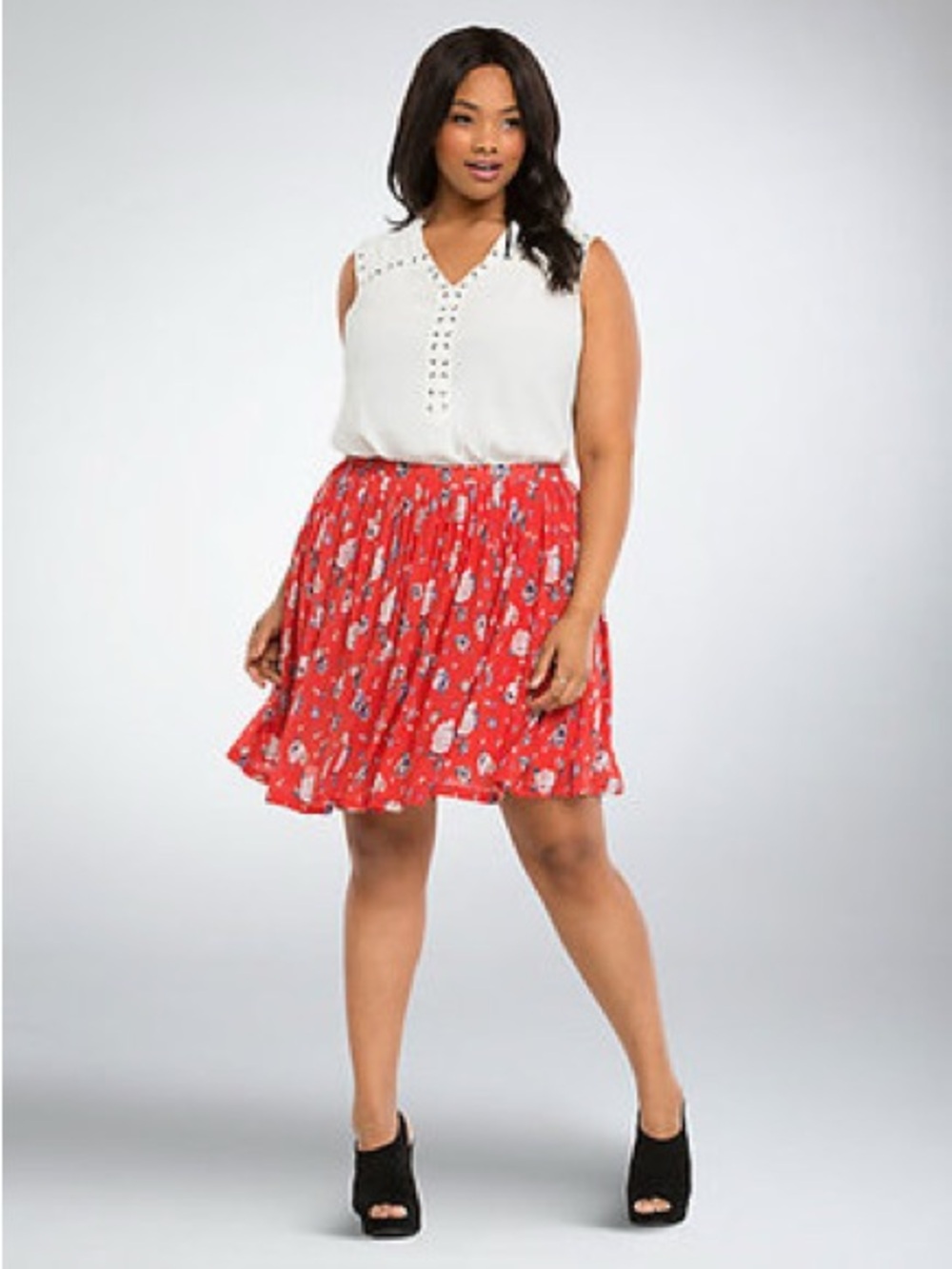 Torrid Floral Mesh Skater Skirt Coral with Tan and Black Floral Print Flowy 1X